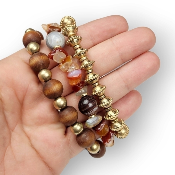 Beaded Bracelet Set Of 3 Natural Stone Wood Antiqued Gold Tone Bohemian ~7" Long - Picture 6 of 6